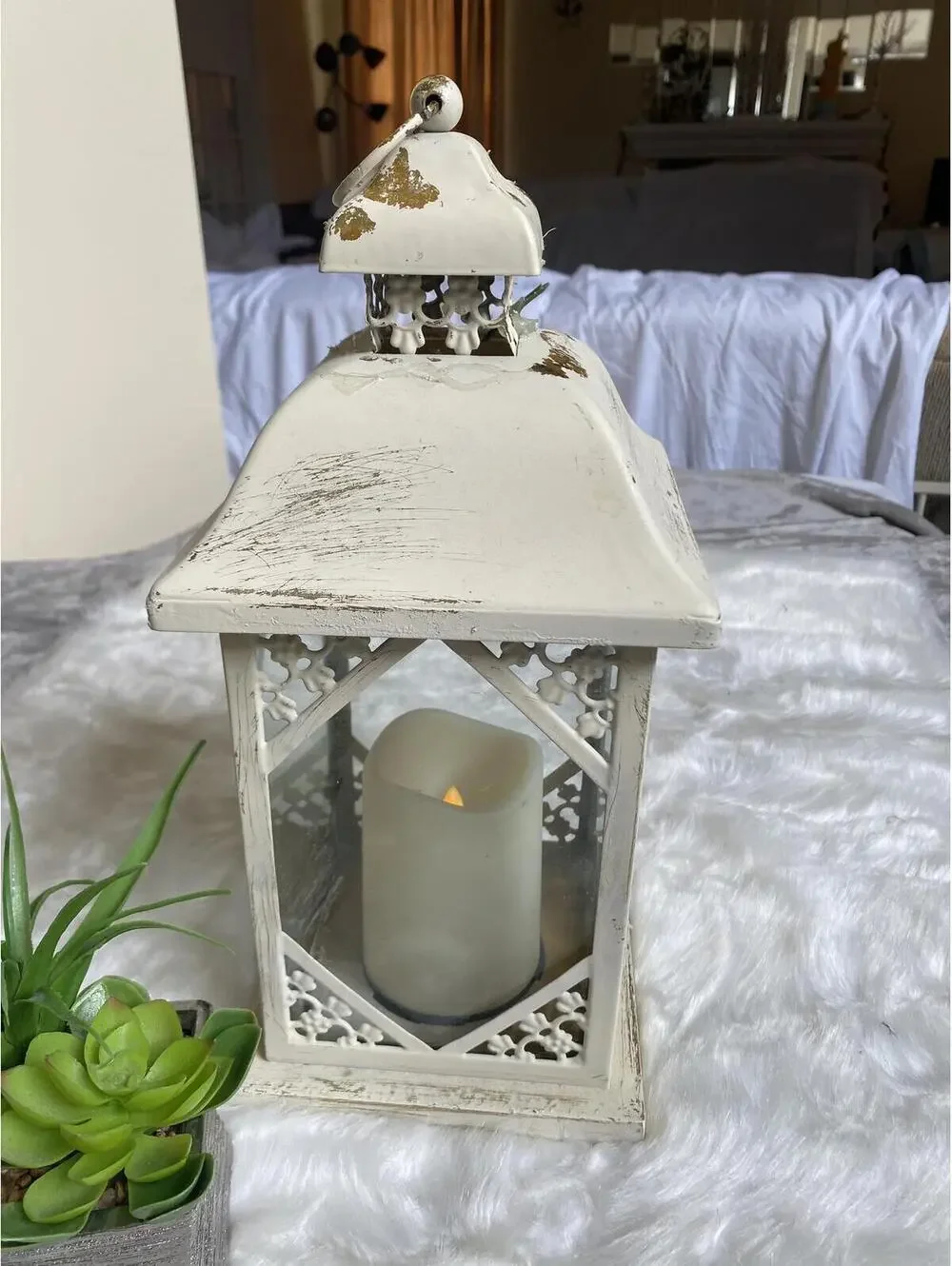 Vintage White Metal Lantern with LED Candle